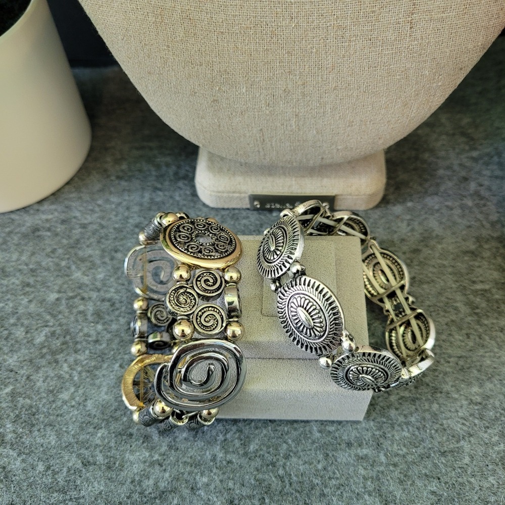 Southwestern Western Stretch Bracelet Lot 2 Antiqued Medallion Geometric